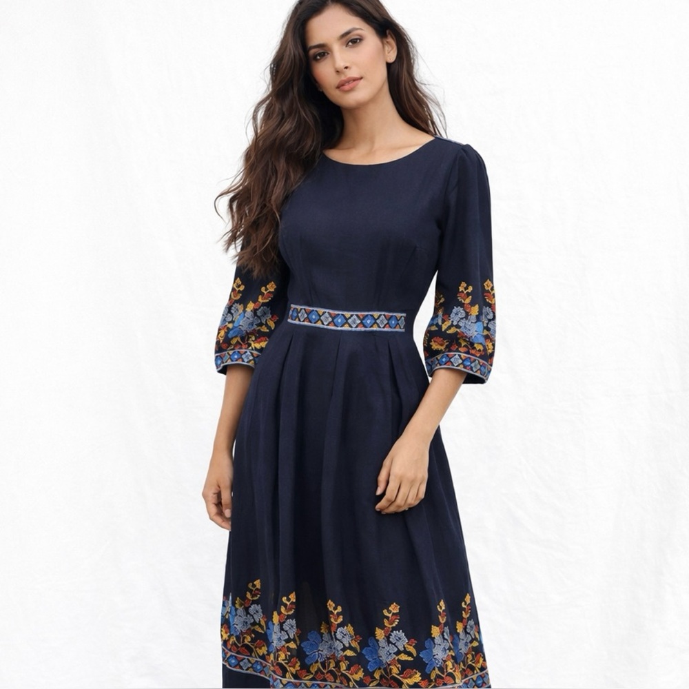Linen Gallery Navy Blue Embroidered Midi Prairie Dress - Picture 8 of 16